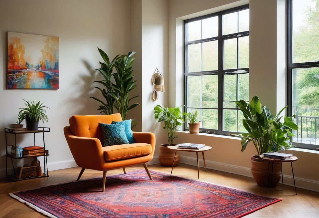 A stylish living space featuring modern décor elements like sleek furniture, vibrant wall art, and functional design pieces. Highlight a cozy corner with a book and plants, reflecting a balance of aesthetics and utility. Incorporate natural light filtering through large windows, casting soft shadows. Add pops of color with cushions and rugs for warmth and vibrancy. super-realistic. vibrant colors. bright atmosphere.