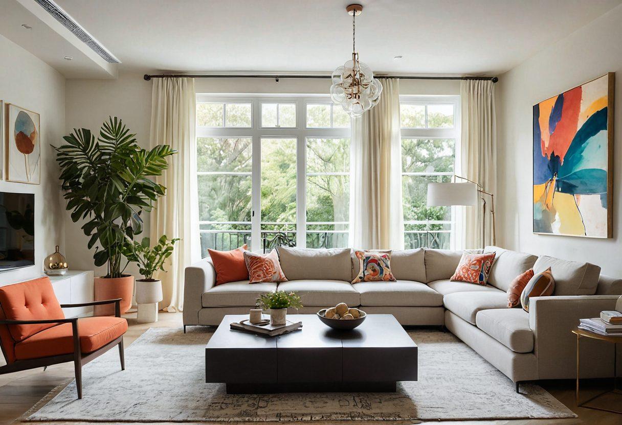 A stylish contemporary living room featuring modern furniture such as a sleek sofa, minimalist coffee table, and colorful artwork on the walls. Incorporate greenery with potted plants and a warm, inviting ambiance from natural light streaming through large windows. Showcase various décor elements like decorative pillows and modern lighting fixtures. super-realistic. vibrant colors. natural light.